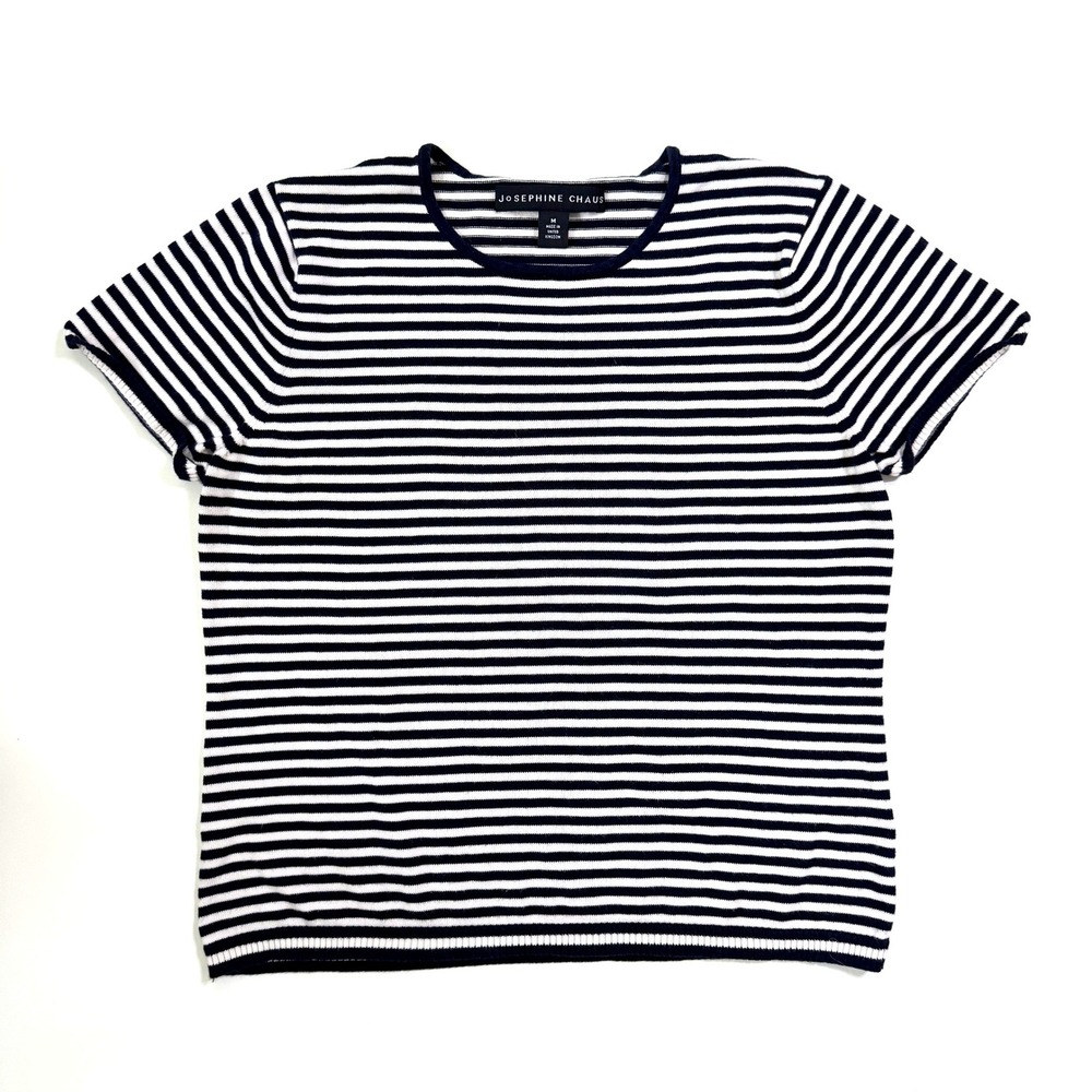 Josephine Chaus Sweater Medium Navy White Striped Short Sleeve Top Cotton Knit